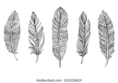 feathers on white background. Boho style. Isolated feathers on white background. Illustrations for cards, invitations, posters, fabrics, clothes.