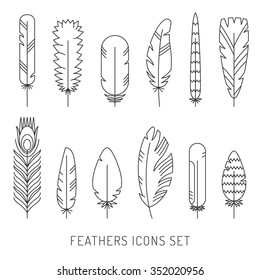 Feathers outline gray icons vector set. Modern minimalistic design.