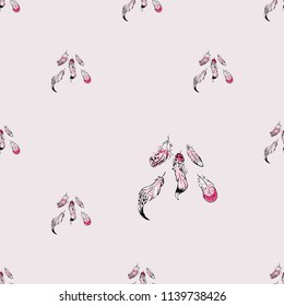 Feathers of paradise birds seamless pattern. Vector endless background with tropical feather on pink backdrop.