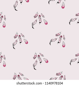 Feathers of paradise birds seamless pattern. Vector endless background with tropical feather on pink backdrop.