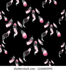 Feathers of paradise birds seamless pattern. Vector endless background with tropical feather on black backdrop.