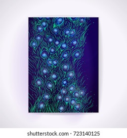 Feathers pattern. Dark blue background with green hand drawn tail of peacock. Nature texture. Postcard for invitation card wedding, carnival, masquerade, ball, night party. Paper with floral ornament.