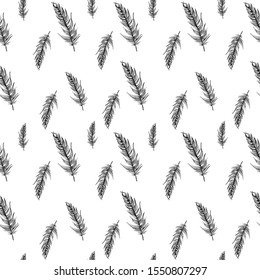 Feathers pattern. Hand-drawn sketch style bird feathers on white background. Seamless vector backdrop. Black and white.