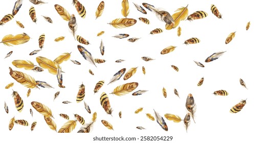 feathers pattern on a white background. This seamless design features a variety of colorful, detailed feathers, perfect for adding a touch of nature and elegance to any project or decor.