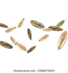 feathers pattern on a white background. This seamless design features a variety of colorful, detailed feathers, perfect for adding a touch of nature and elegance to any project or decor.