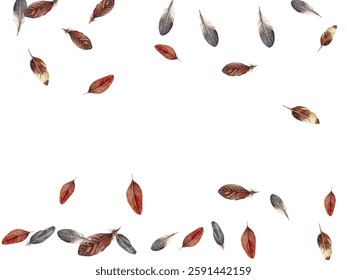 feathers pattern on a white background. This seamless design features a variety of colorful, detailed feathers, perfect for adding a touch of nature and elegance to any project or decor.