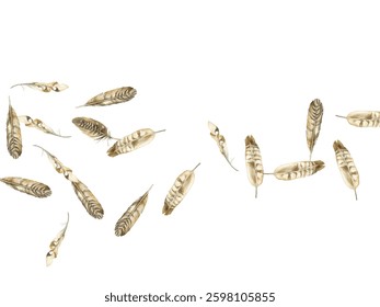 feathers pattern on a white background. This seamless design features a variety of colorful, detailed feathers, perfect for adding a touch of nature and elegance to any project or decor.