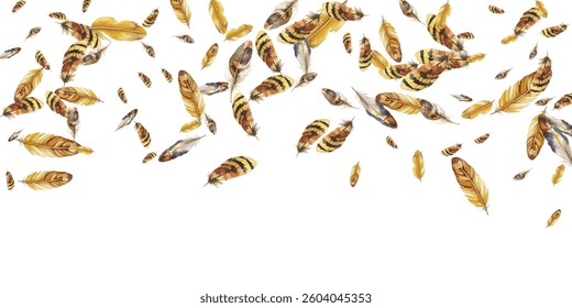 feathers pattern on a white background. This seamless design features a variety of colorful, detailed feathers, perfect for adding a touch of nature and elegance to any project or decor.