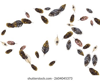 Feathers pattern on a white background. This seamless design features a variety of colorful, detailed feathers, perfect for adding a touch of nature and elegance to any project or decor.