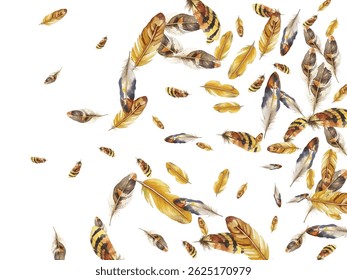 feathers pattern on a white background. This seamless design features a variety of colorful, detailed feathers, perfect for adding a touch of nature and elegance to any project or decor.