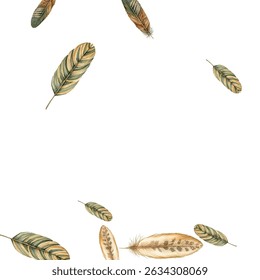 feathers pattern on a white background. This seamless design features a variety of colorful, detailed feathers, perfect for adding a touch of nature and elegance to any project or decor.