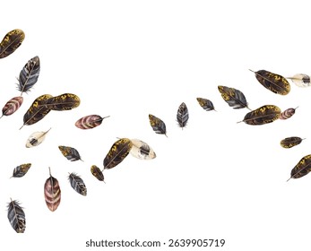 Feathers pattern on a white background. This seamless design features a variety of colorful, detailed feathers, perfect for adding a touch of nature and elegance to any project or decor.