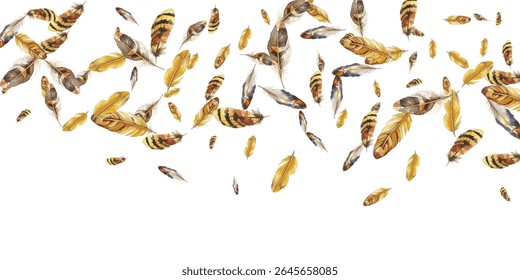 feathers pattern on a white background. This seamless design features a variety of colorful, detailed feathers, perfect for adding a touch of nature and elegance to any project or decor.