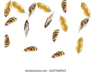 feathers pattern on a white background. This seamless design features a variety of colorful, detailed feathers, perfect for adding a touch of nature and elegance to any project or decor.