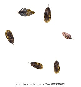 Feathers pattern on a white background. This seamless design features a variety of colorful, detailed feathers, perfect for adding a touch of nature and elegance to any project or decor.