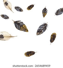 Padrão de penas em um fundo branco. Este design perfeito apresenta uma variedade de penas coloridas e detalhadas, perfeito para adicionar um toque de natureza e elegância a qualquer projeto ou decoração.