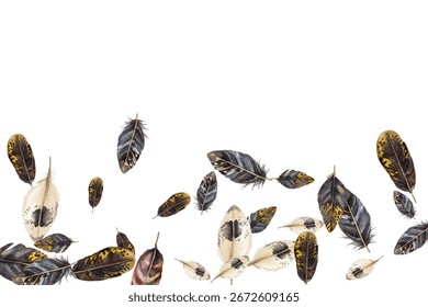 Feathers pattern on a white background. This seamless design features a variety of colorful, detailed feathers, perfect for adding a touch of nature and elegance to any project or decor.