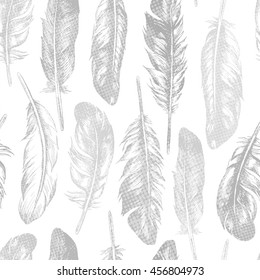 Feathers pattern seamless background. Vector Monochrome texture.