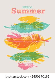 Feathers Poster Risograph Style, Floral illustration with typography in the style of a risoprint artwork, in vibrant colors, vintage, retro, scandinavian design, pink, yellow and turqoise