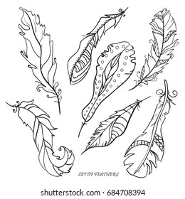 Feathers. Print for polygraphy. Zentangle. Hand drawn feathers with patterns on isolation background. Design for spiritual relaxation for adults. Black and white illustration for coloring. Decorative