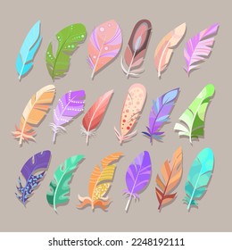 Feathers or quills of different colors vector illustrations set. Cartoon drawings of various colorful plumes or bird feathers isolated on grey background. Decoration, fantasy concept