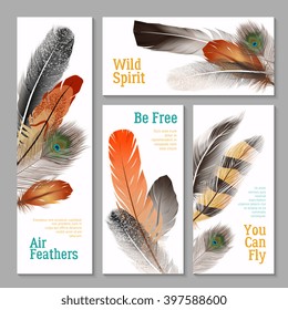 Feathers realistic banners set with wild spirit symbols realistic isolated vector illustration