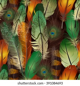 Feathers realistic seamless pattern with colorful bird air feathers vector illustration