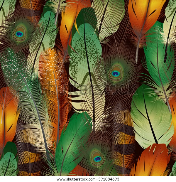 Feathers realistic seamless pattern with colorful bird air feathers wallpaper mural vector illustration