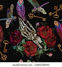 Сolorful feathers, red roses flowers, dragonflies and skeleton hands. Occult and esoteric background. Black magic illustration. Alchemy seamless pattern. Embroidery gothic art