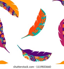 feathers repeated pattern. plumage elements and flowers, leaves, seamless ornament. bird hackle repeat backdrop for girl, textile, clothes mlm wrapping paper. 