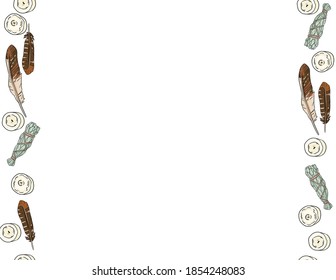 Feathers, sage sticks and candles comic style doodles seamless border pattern. Cozy boho craft postcard or banner mock up. Letter format decoration background tile. Space for text