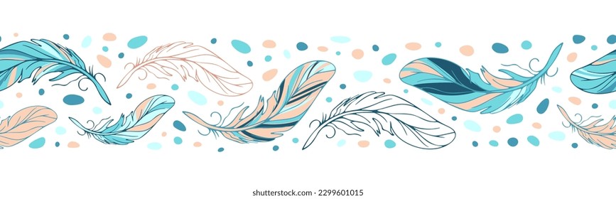 Feathers seamless bright ethnic border in boho style. Color spots in pastel colors. Tribal theme, Indians, dream catchers, boho chic. For wallpaper, fabric, wrapping, background