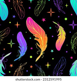 Feathers seamless bright gradient pattern in modern style. Stars and space in neon colors. Tribal theme, 90s, hippie, psychedelic, dream catchers, boho chic. For wallpaper, fabric, background.