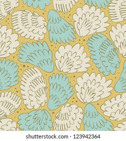 Feathers seamless ornate pattern. Abstract background with plums. Decorative texture with fuzz. Wings