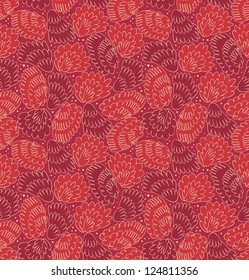 Feathers seamless ornate pattern. Red stylish background with plums. Decorative texture with fuzz. Fabric ornament with decorative wings