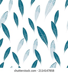 Feathers seamless pattern. Background feather of bird. Repeated texture in doodle style for fabric, wrapping paper, wallpaper, tissue. Vector illustration.