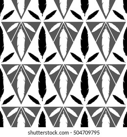 Feathers seamless pattern. Black and white abstract background of feathers vector. Monochrome bird feathers pattern illustration