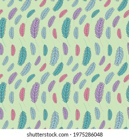 Feathers seamless pattern. Boho pattern with chicken feathers. Vector illustration. Design for textiles, packaging, wrappers, greeting cards, paper, printing.