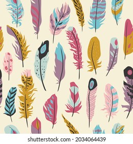 Feathers seamless pattern in boho style. Vector graphics.