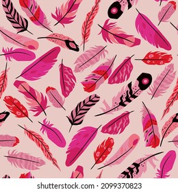 Feathers seamless pattern in boho style. Vector graphics.