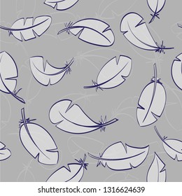 Feathers seamless pattern. Cards for fabric design. Peacock feather seamless pattern. Vector colored feather pattern.