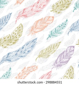 Feathers. Seamless pattern with Colorful Feathers.. Vintage wallpaper. Hand Drawn Doodles background