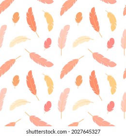 Feathers, seamless pattern. Cute background with colorful bird feathers.