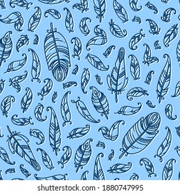 Feathers in seamless pattern. Doodle style feathers in blue background. Vector illustration in doodle style