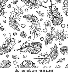 Feathers. Seamless pattern. Doodle, stylized image of bird feathers. Bo-ho style. Template for printing onto fabric, wrapping paper, textiles. Line graph.