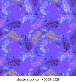 Feathers. Seamless pattern. Doodle, stylized image of bird feathers. Bo-ho style. Template for printing onto fabric, wrapping paper, textiles. Blue background