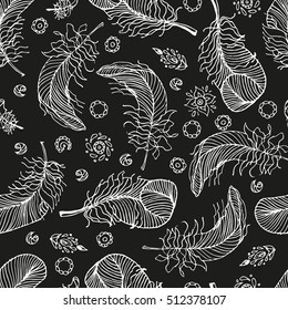 Feathers. Seamless pattern. Doodle, stylized image of bird feathers. Bo-ho style. Template for printing onto fabric, wrapping paper, textiles. Line graph.