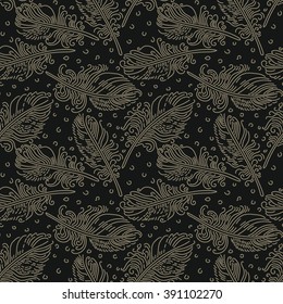 Feathers - seamless pattern.
Hand drawn seamlessly repeating ornamental wallpaper or textile pattern with feather motives in vector format.
