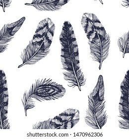 feathers ,seamless pattern, isolated on white background vector, hand drawing