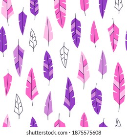 Feathers seamless pattern on the white backdrop. Nature background in stylish colours - pink and purple. Vector floral illustration in flat cartoon style with outline.